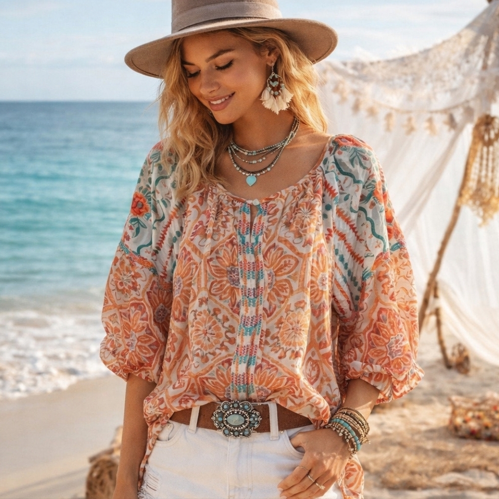 Tolani Peasant Boho  Floral Embroidery Top Blouse -Made In India